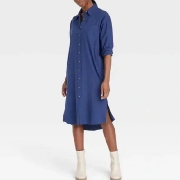 NWT Universal Thread Women's Long Sleeve Button-Down Shirtdress Navy Blue Medium - Picture 1 of 6